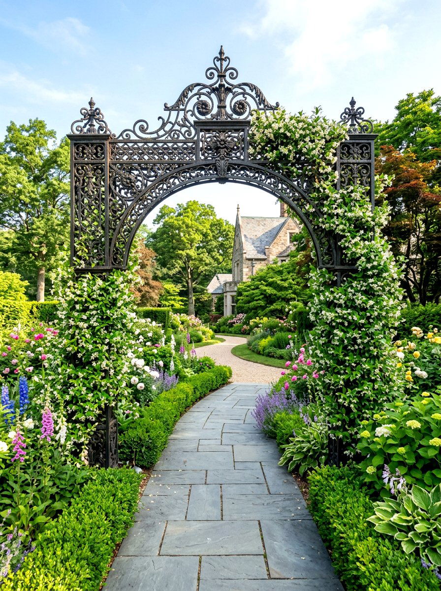 Iron Lattice Arch - 30 arbor walkway ideas