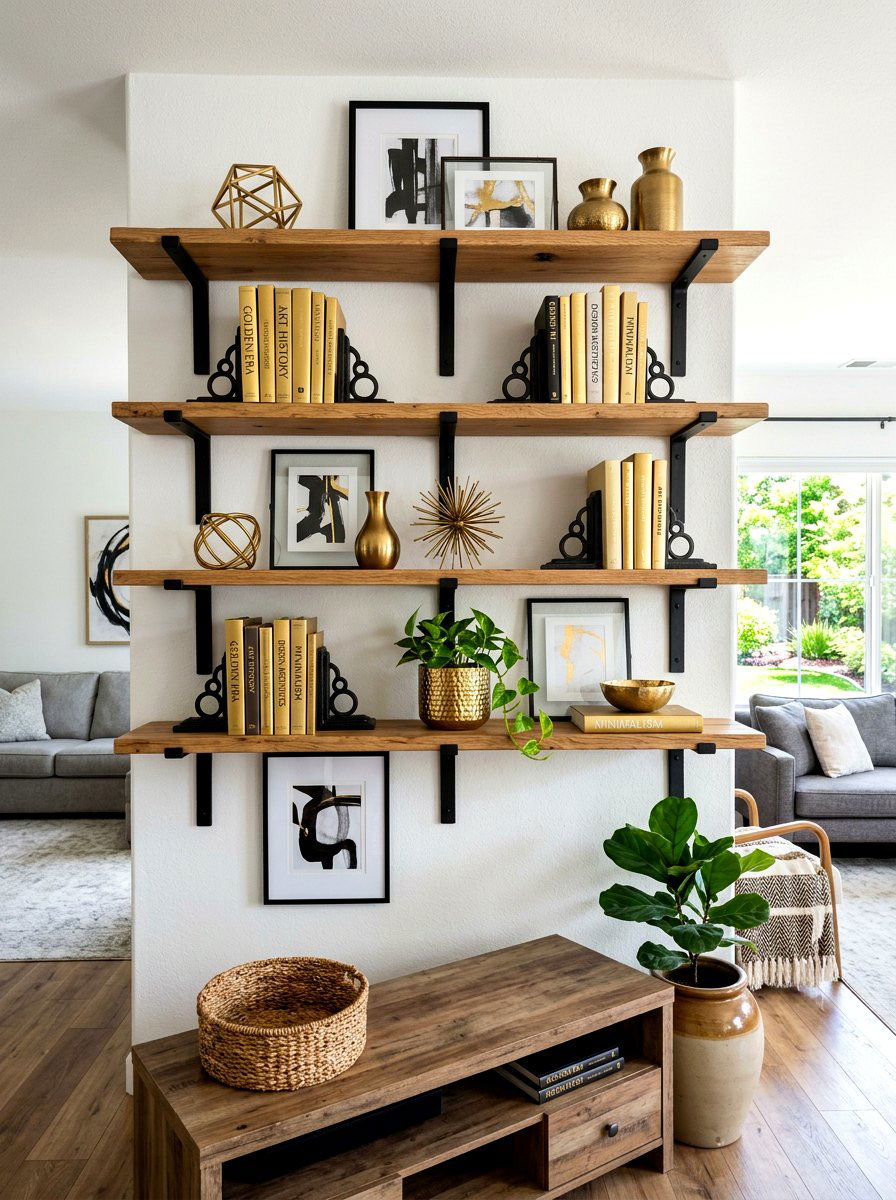 Iron and gold shelves - 30 mixed metal decor ideas