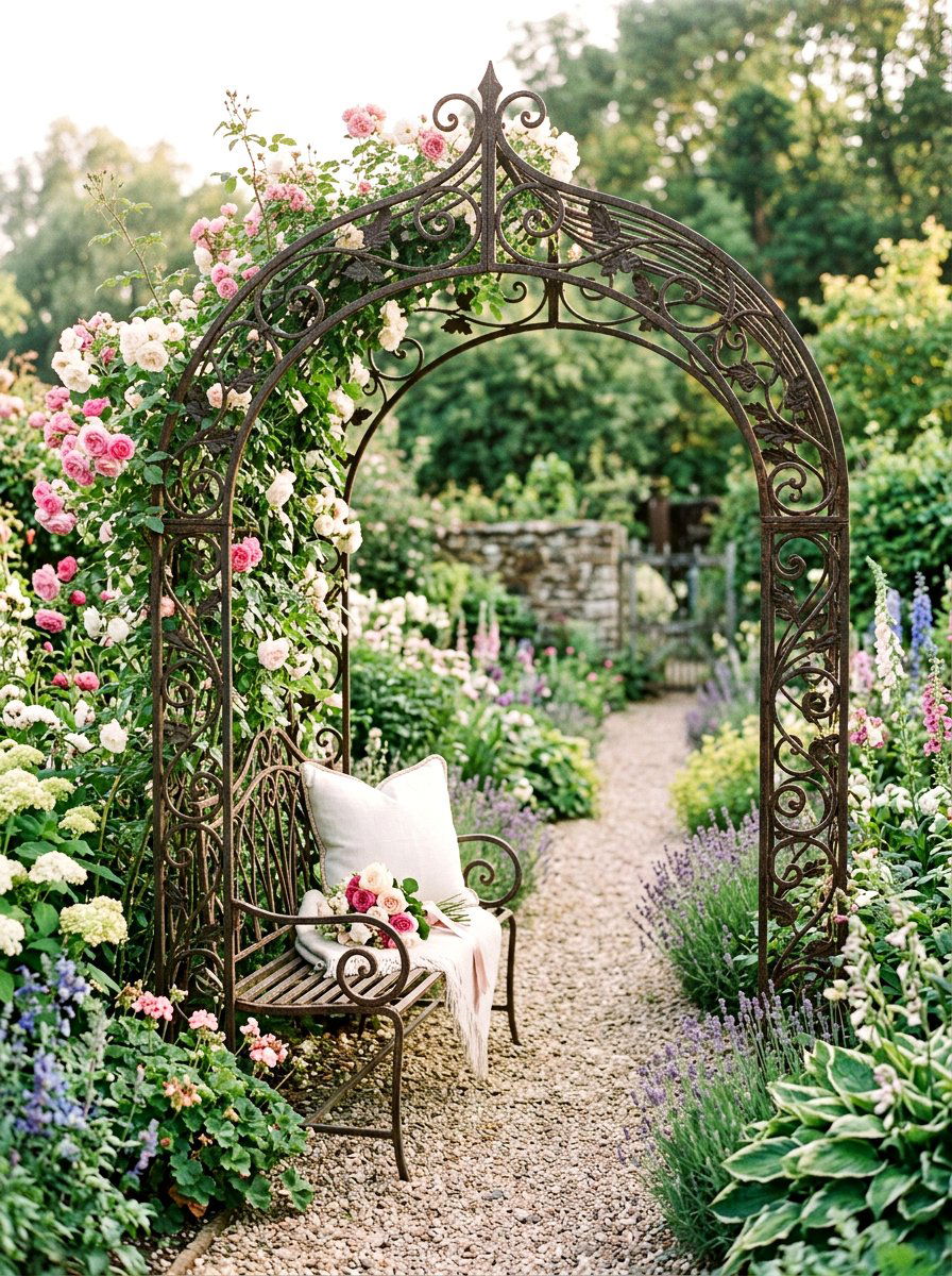Iron arch with bench - 30 garden arbor seating ideas