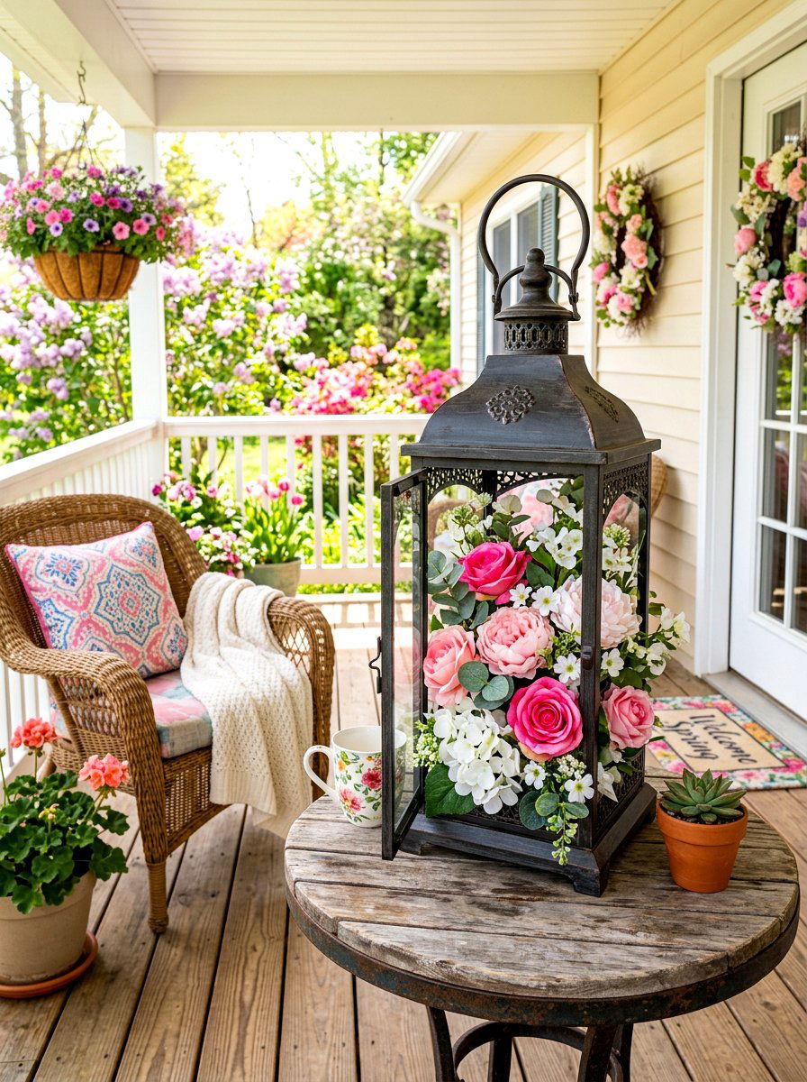 Iron lantern with faux flowers - 30 porch lantern styling ideas