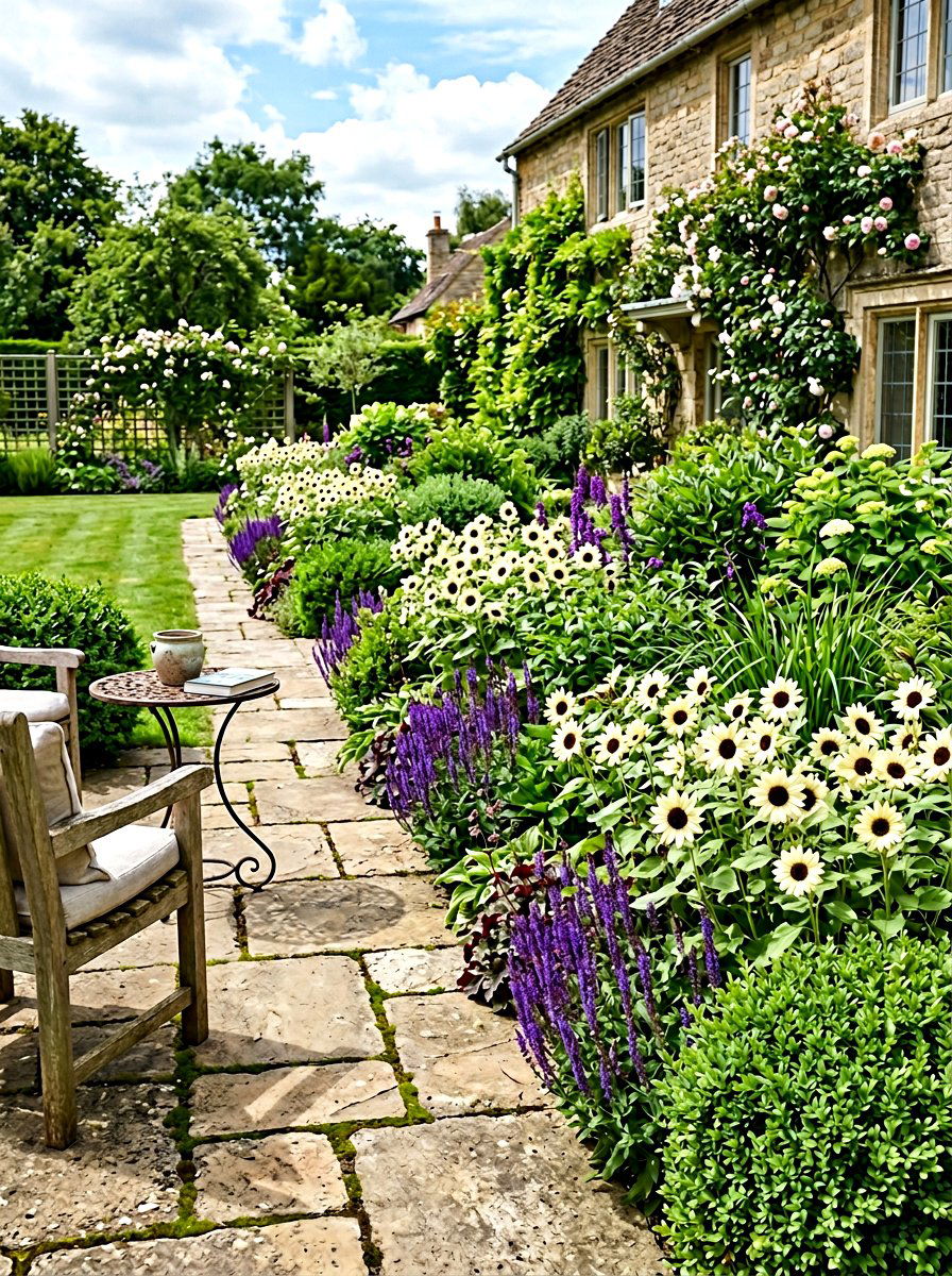 Italian White Sunflower Border - 30 sunflower garden ideas