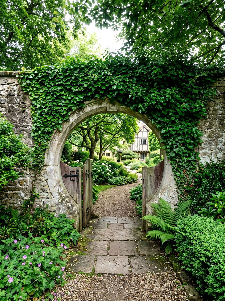 Ivy Covered Moon Gate - 30 moon gate garden ideas