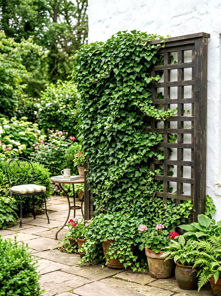 Ivy Trellis - 30 low maintenance patio garden ideas