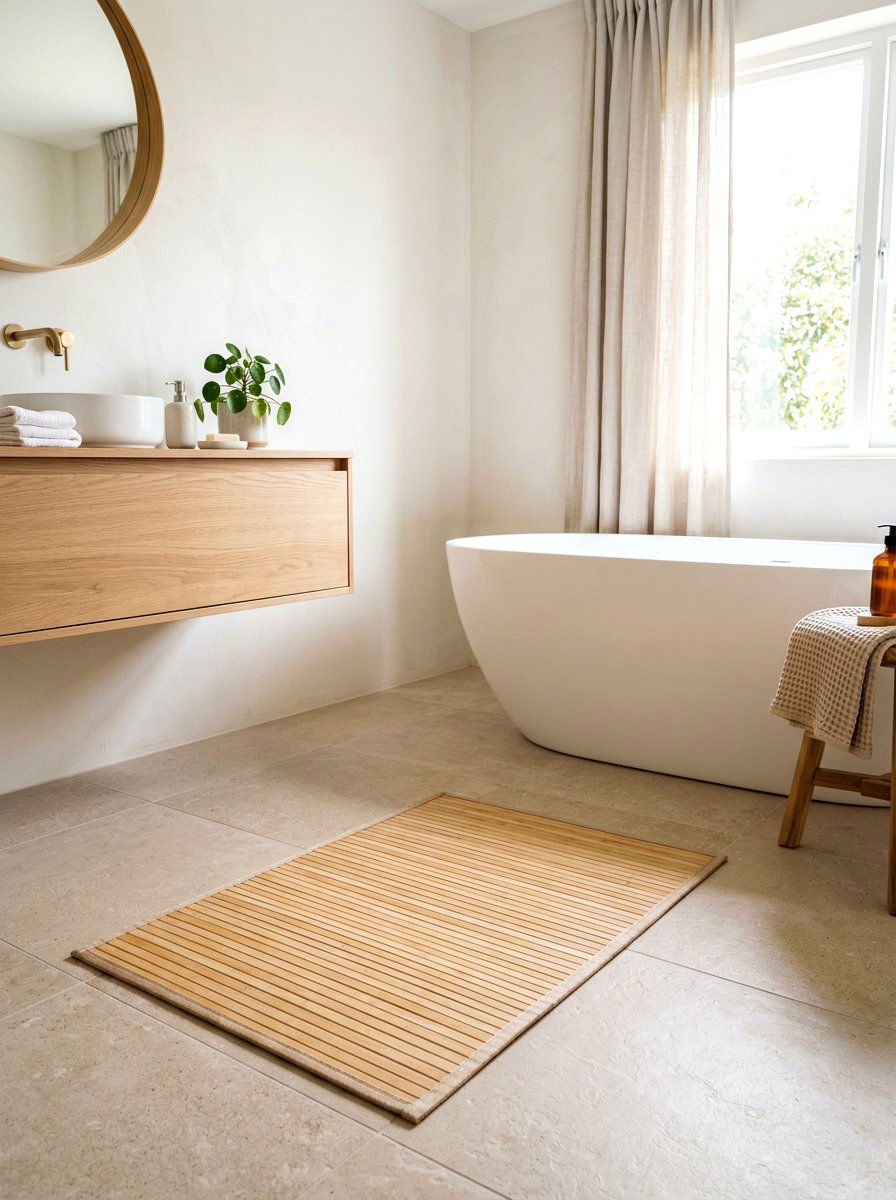 Japandi Bathroom Bamboo Mat - 30 Japandi bathroom ideas