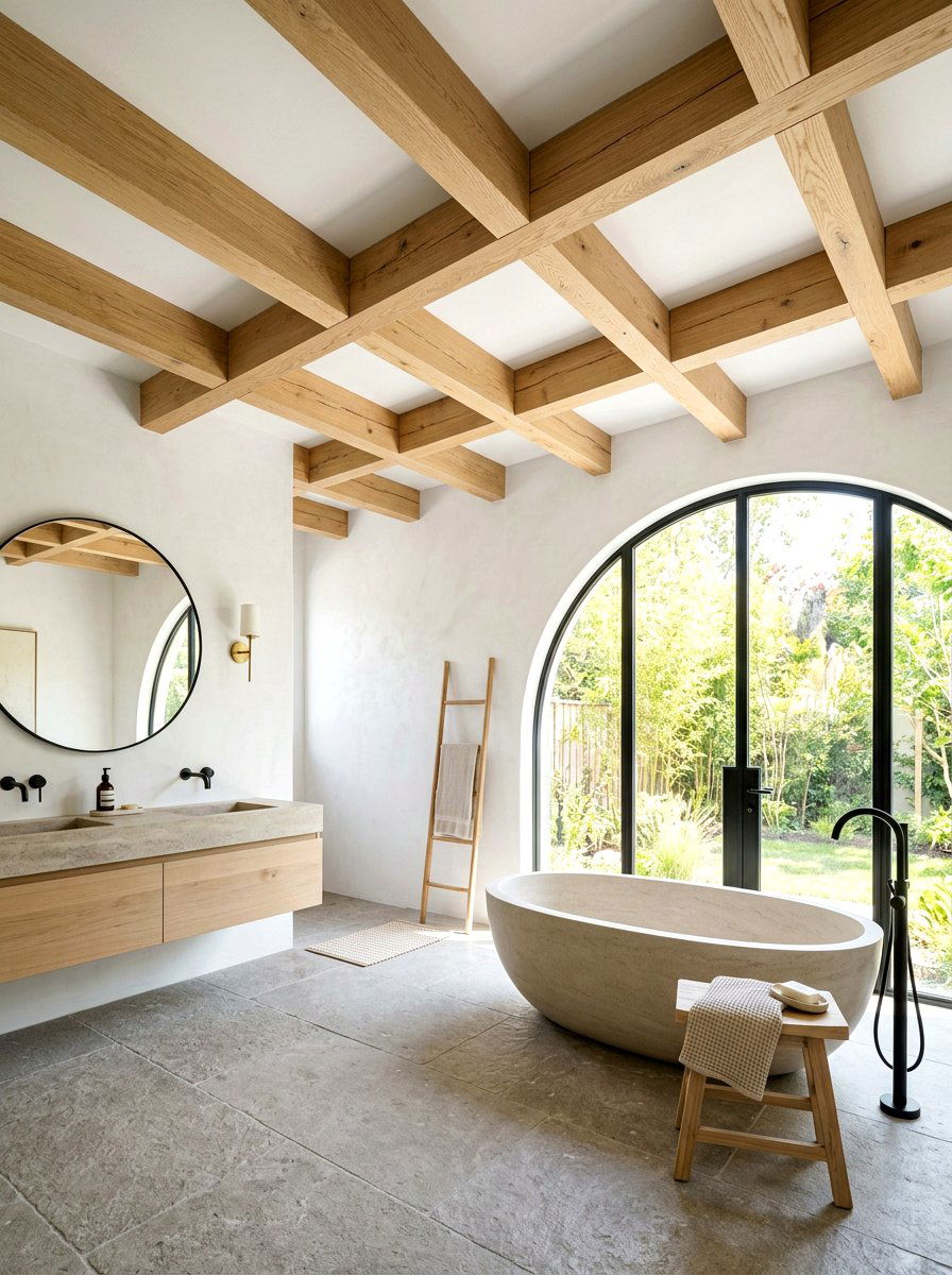 Japandi Bathroom Ceiling Beams - 30 Japandi bathroom ideas