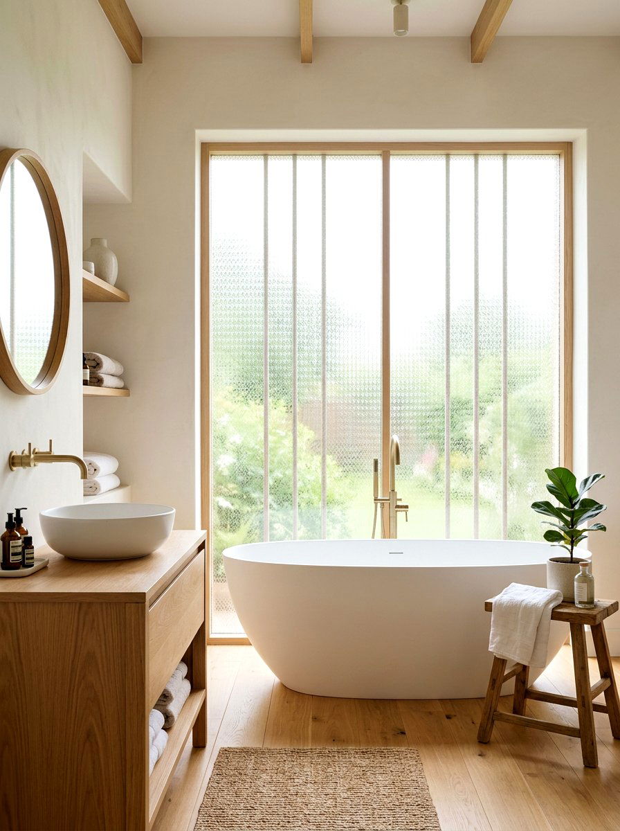 Japandi Bathroom Frosted Window - 30 Japandi bathroom ideas