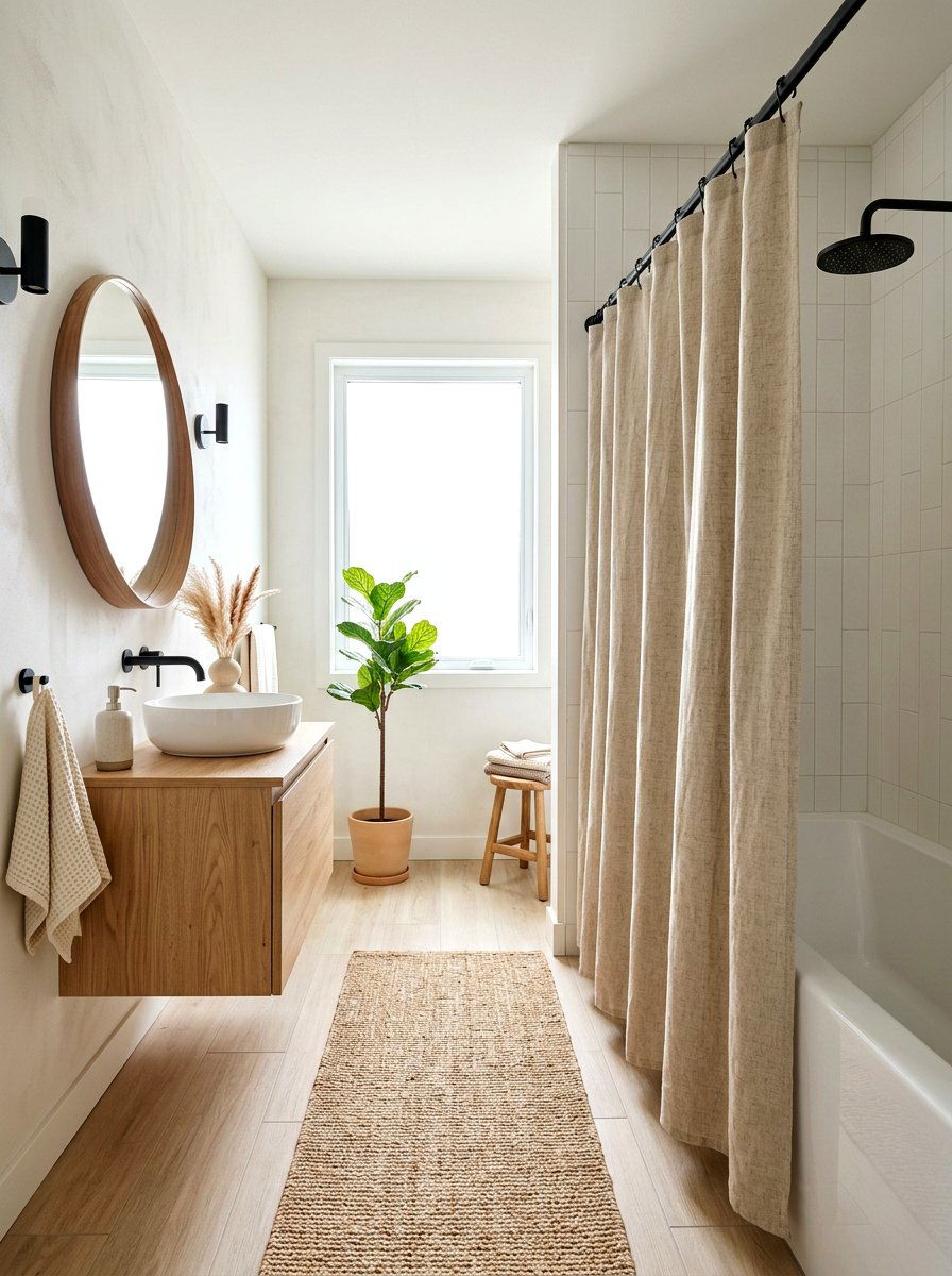 Japandi Bathroom Linen Shower Curtain - 30 Japandi bathroom ideas