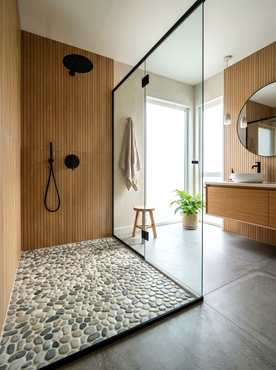 Japandi Bathroom Pebble Floor - 30 Japandi bathroom ideas