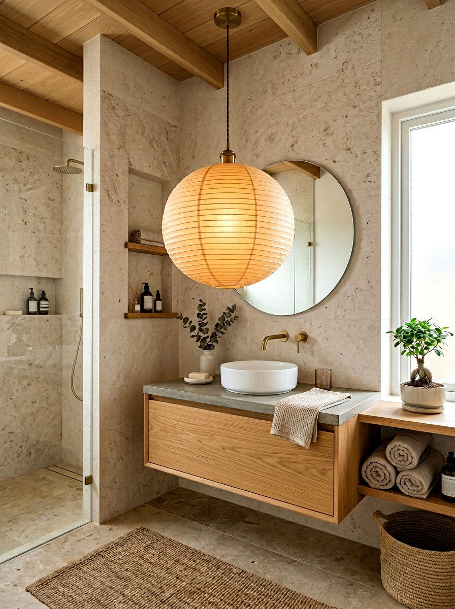Japandi Bathroom Pendant Light - 30 Japandi bathroom ideas