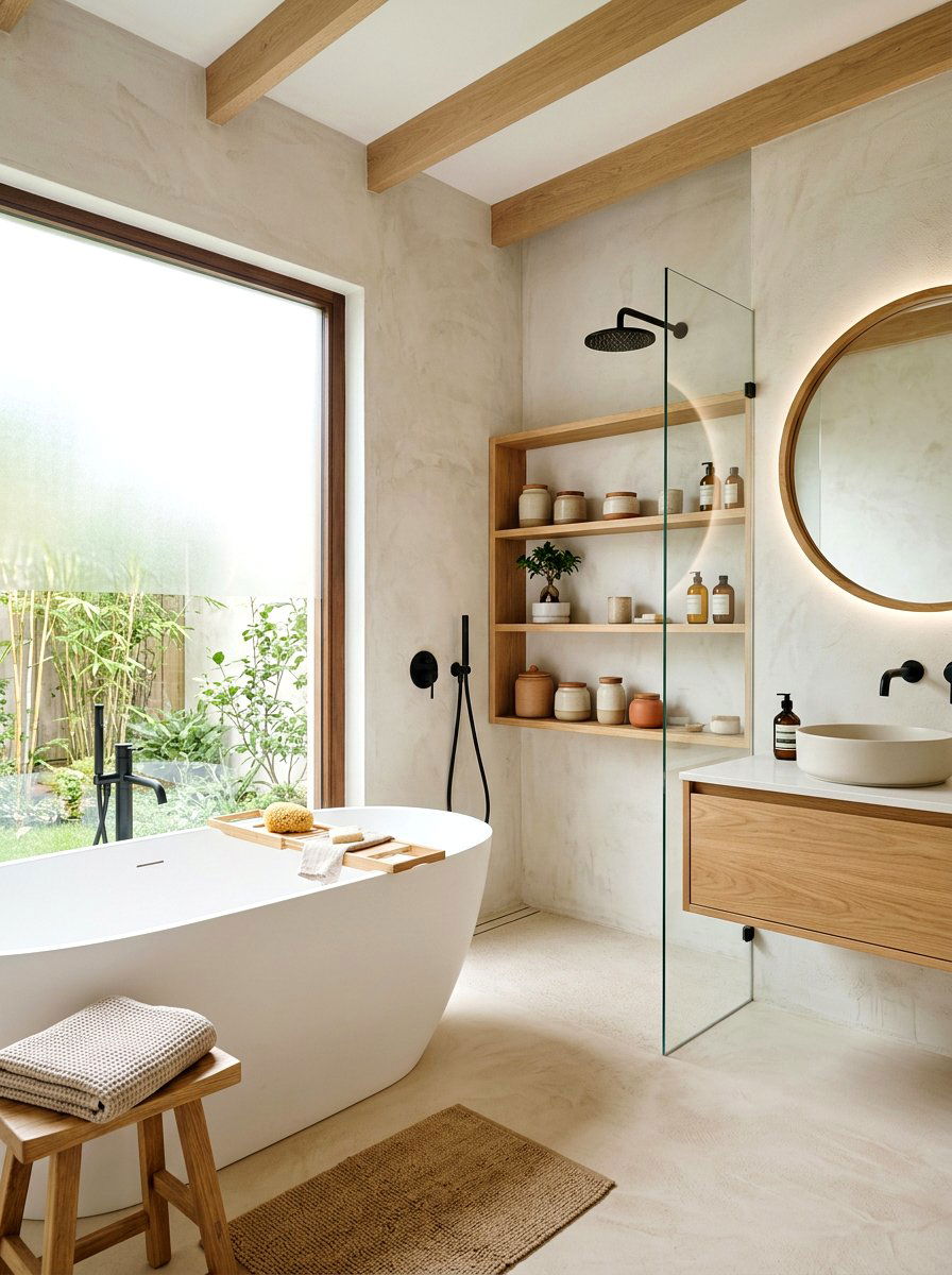 Japandi Bathroom Plaster Walls - 30 Japandi bathroom ideas