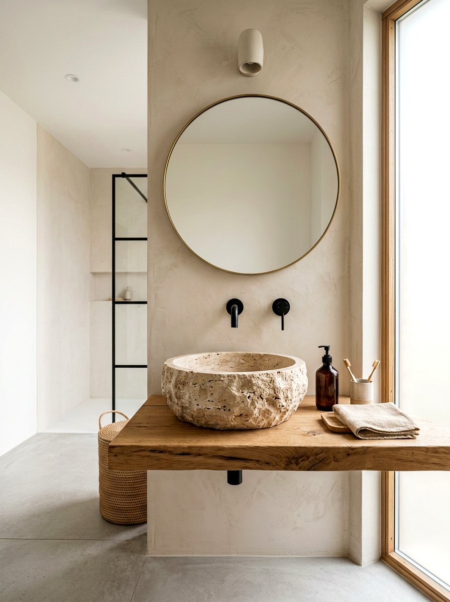 Japandi Bathroom Stone Sink - 30 Japandi bathroom ideas