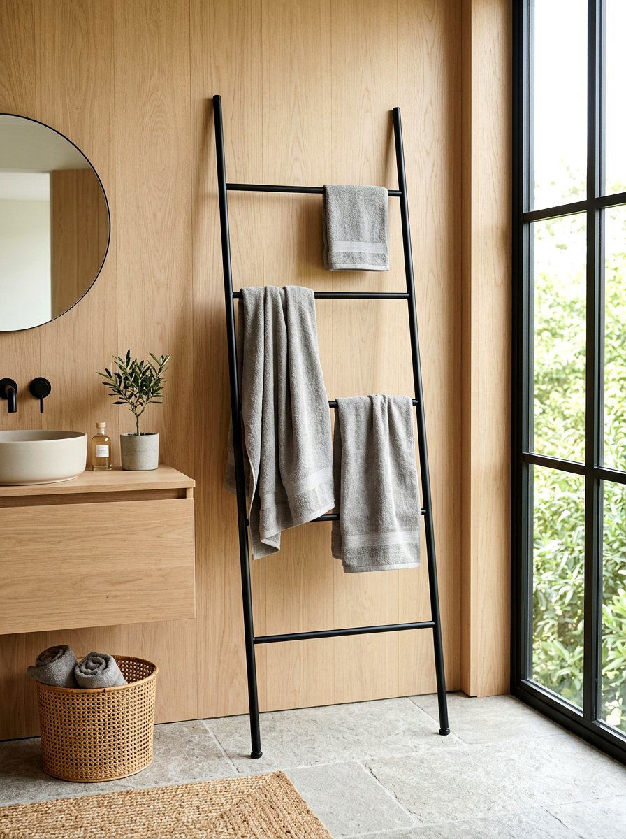 Japandi Bathroom Towel Ladder Rack - 30 Japandi bathroom ideas