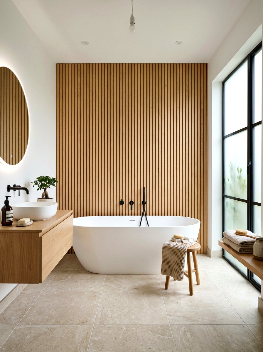 Japandi Bathroom Wood Slats - 30 Japandi bathroom ideas