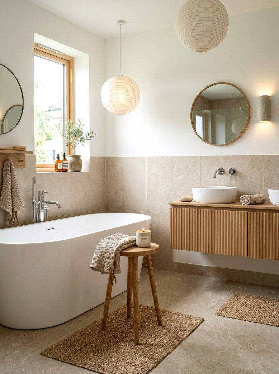 Japandi Bathroom Wooden Stool - 30 Japandi bathroom ideas