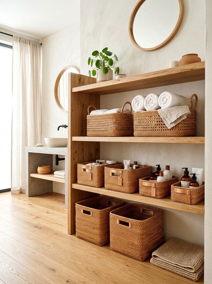 Japandi Bathroom Woven Baskets - 30 Japandi bathroom ideas