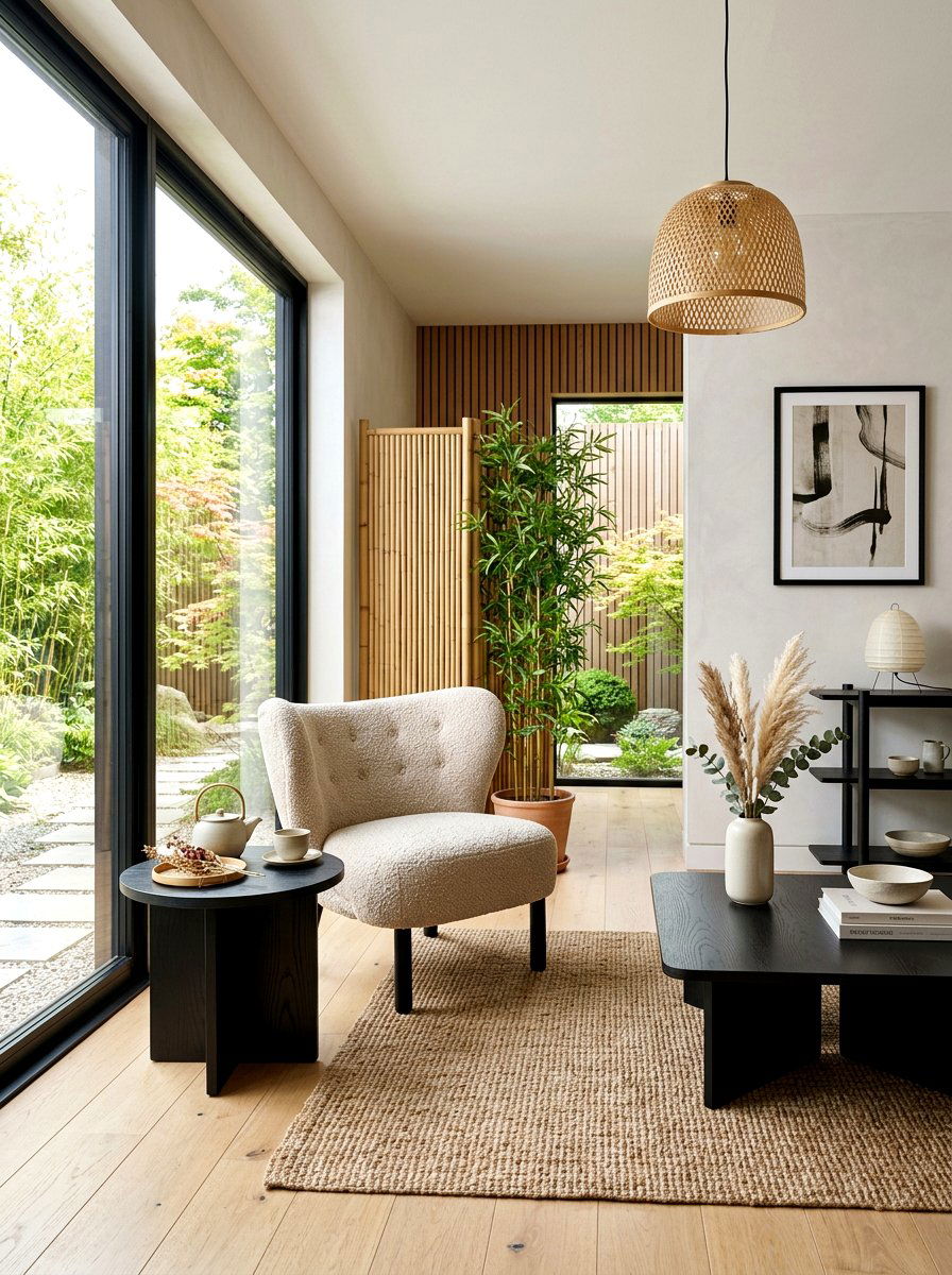 Japandi Boucle Sitting Area - 30 boucle living room ideas
