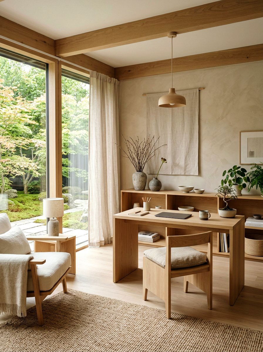 Japandi Natural Wood Studio - 30 boutique studio office ideas