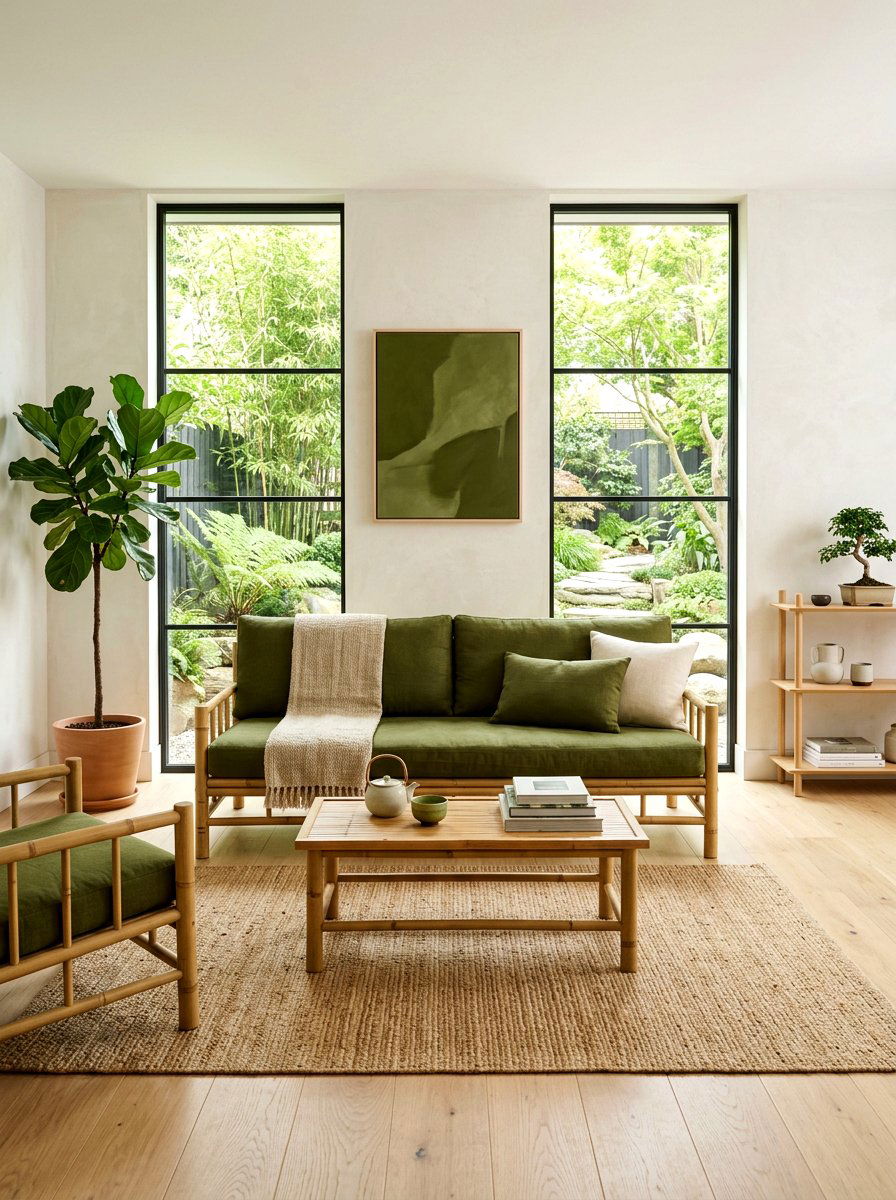 Japandi Olive Green Interior - 30 deep olive lounge ideas