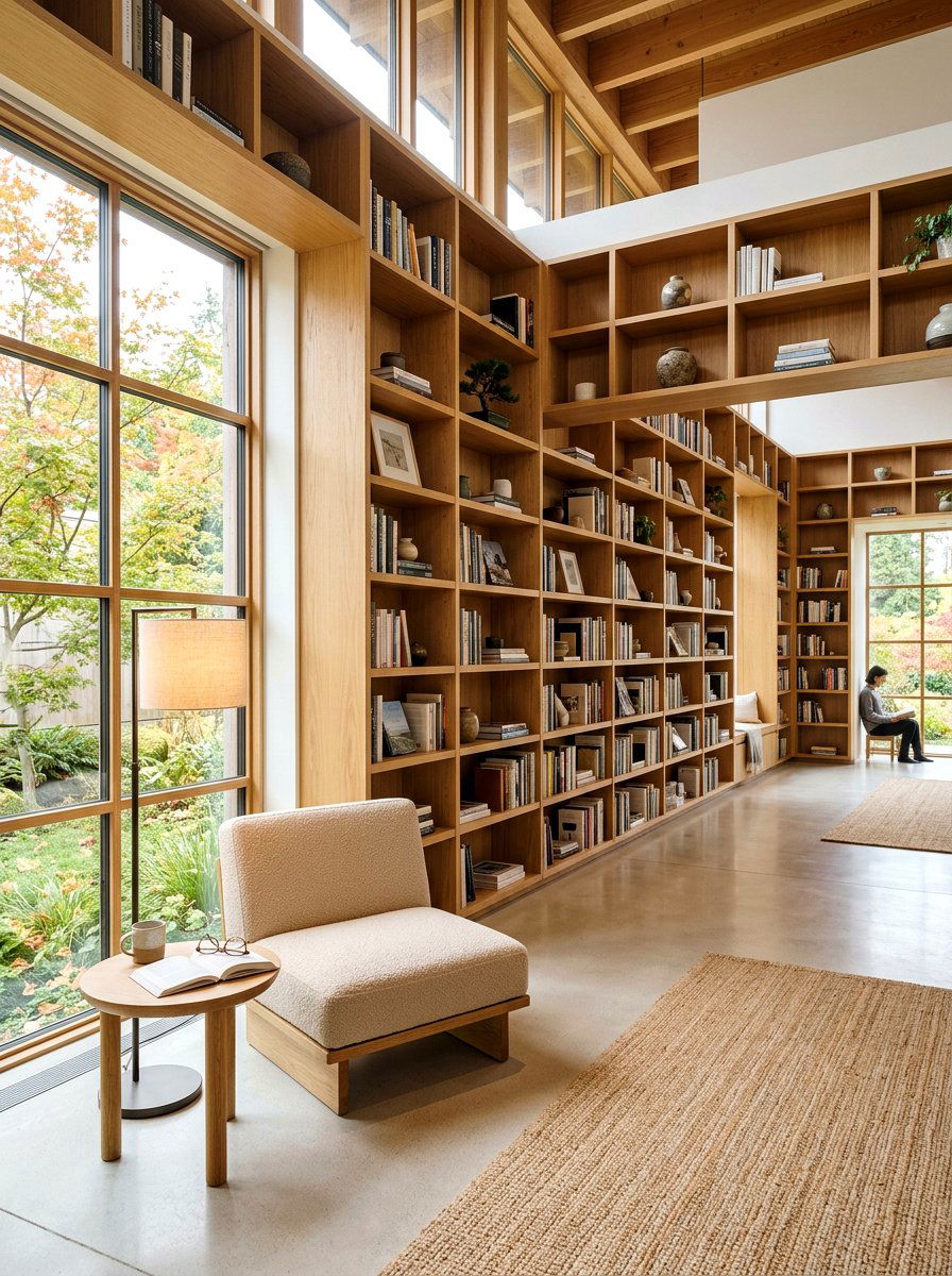 Japandi library - 30 Japandi home decor ideas