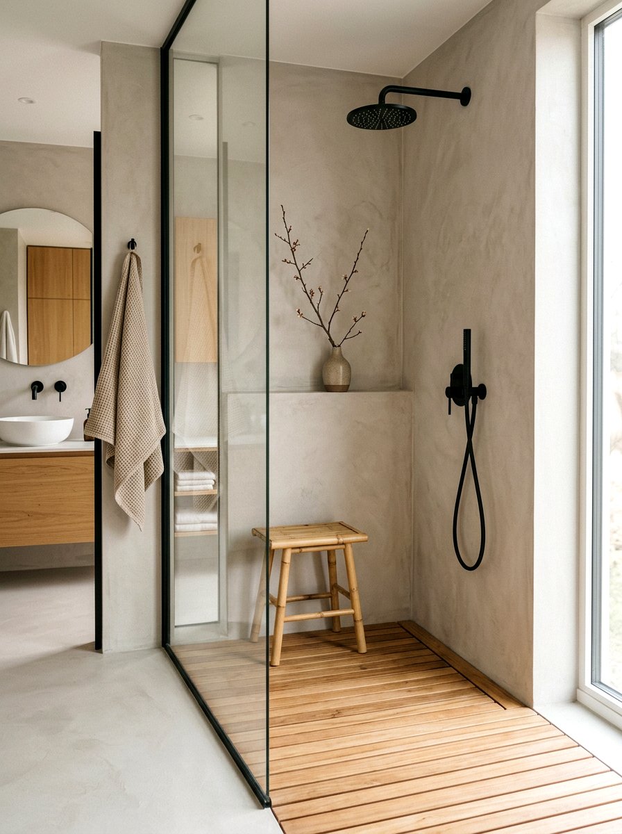 Japandi microcement shower - 30 microcement shower ideas