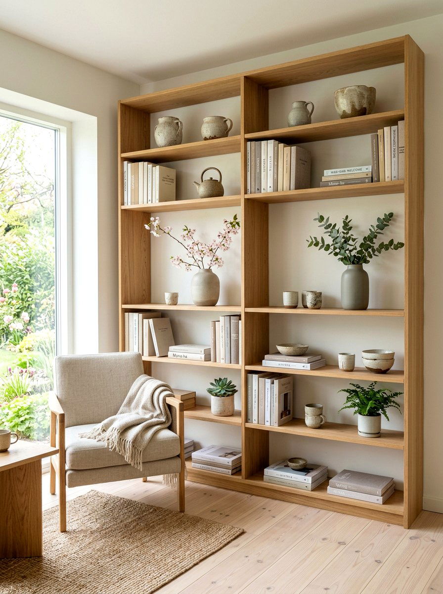 Japandi spring bookshelf - 30 bookshelf spring styling ideas