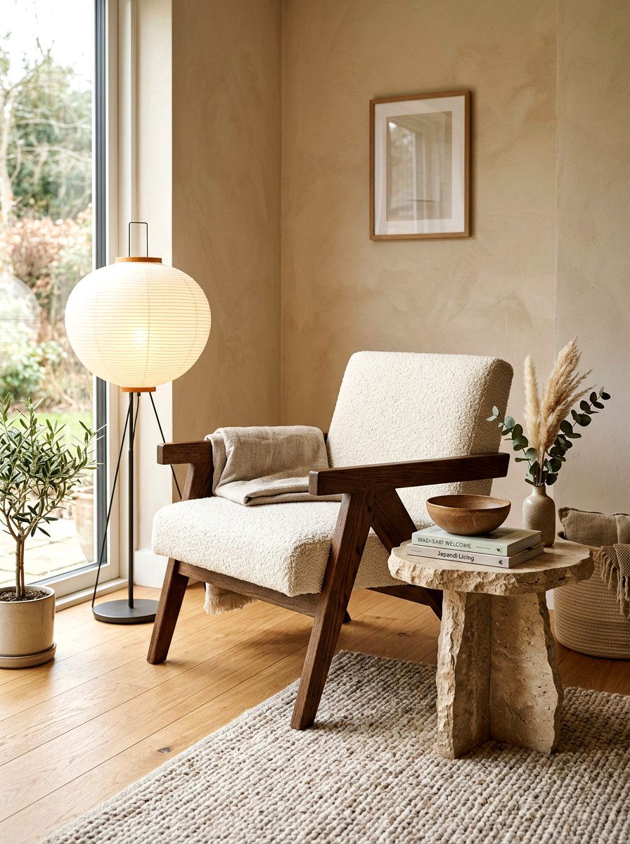 Japandi style boucle chair nook - 30 boucle chair corner ideas