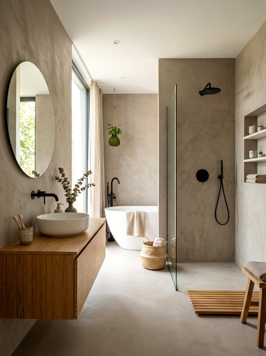 Japandi style microcement bathroom - 30 microcement bathroom ideas