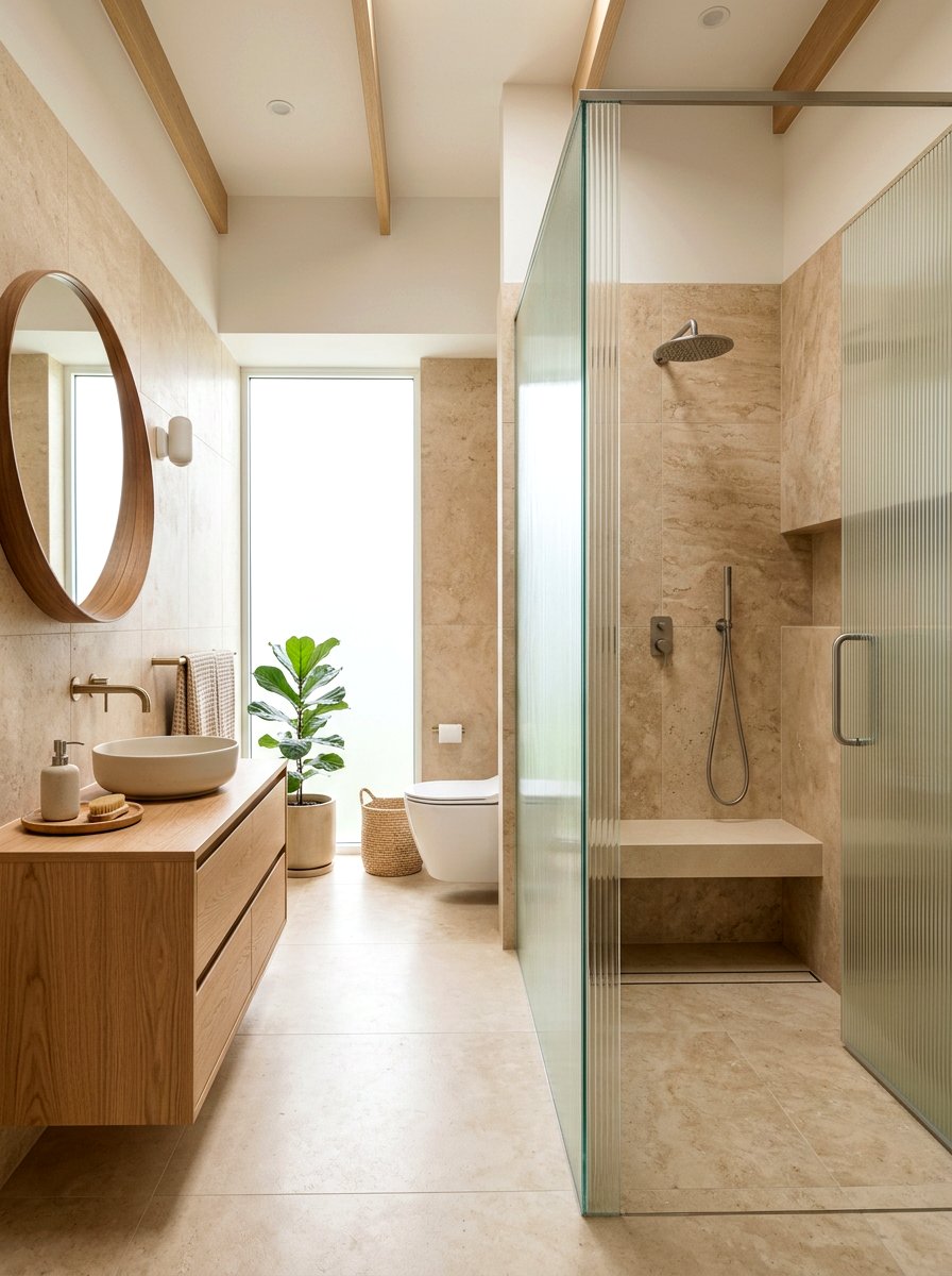 Japandi style ribbed glass shower - 30 ribbed glass shower ideas