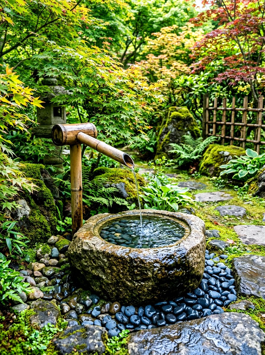 Japanese Bamboo Fountain - 30 water feature landscaping ideas