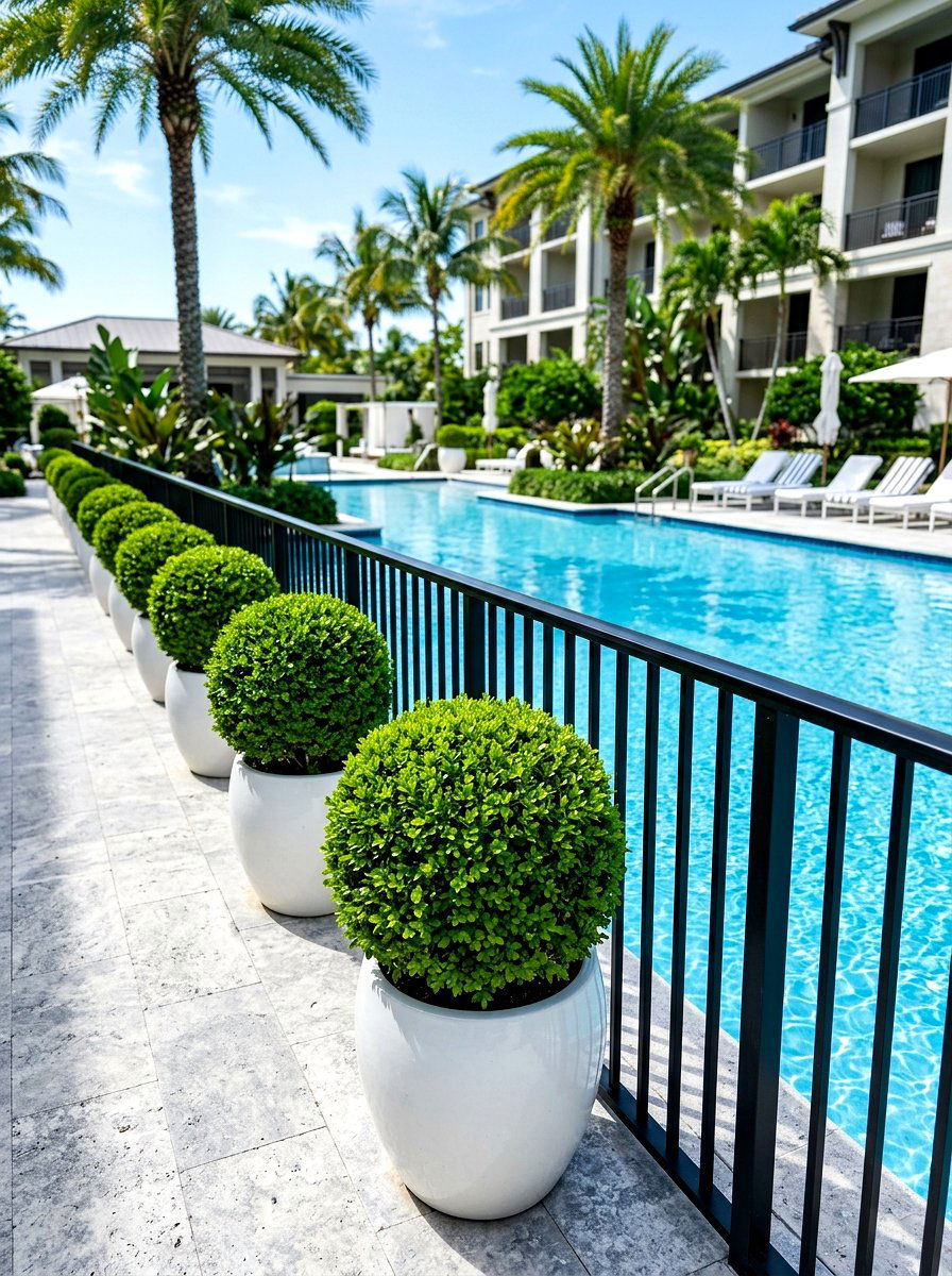 Japanese Boxwood Topiary - 30 pool fence landscaping ideas
