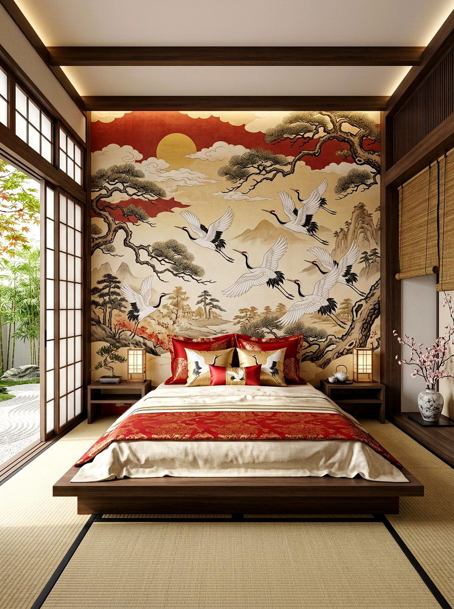Japanese Crane Wallpaper - 30 mural wallpaper bedroom aesthetic ideas