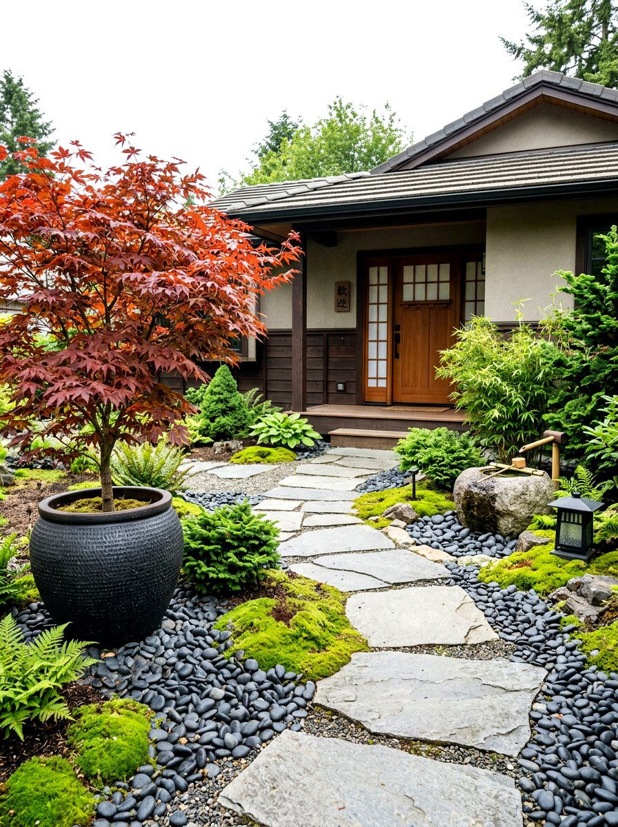 Japanese Inspired Front Entrance Garden - 30 front stoop garden ideas