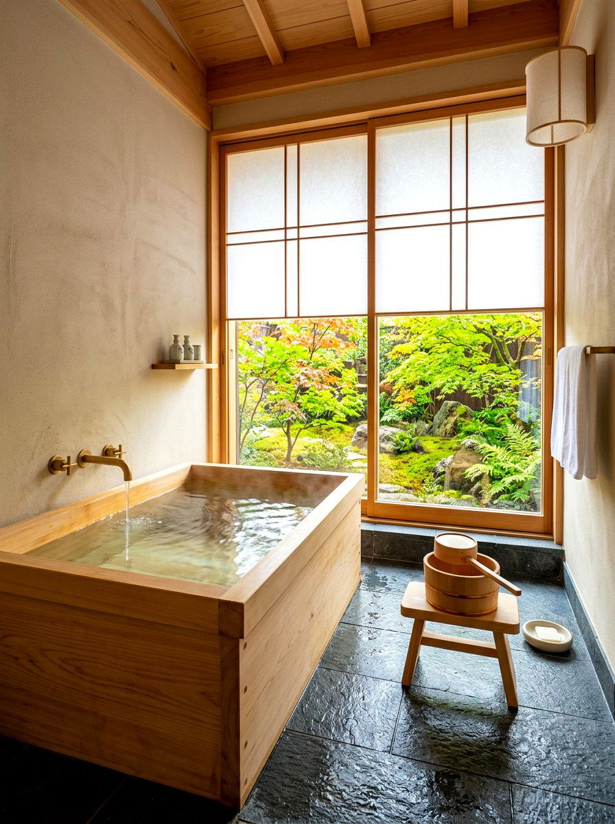 Japanese Ofuro Wood Bath - 30 spa corner ideas