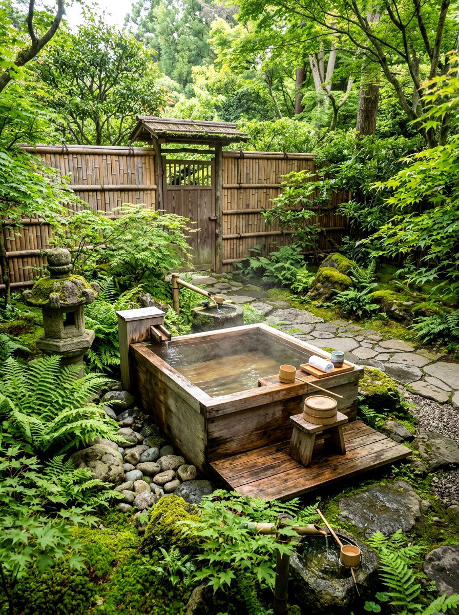 Japanese Soaking Tub Garden - 30 spa backyard ideas