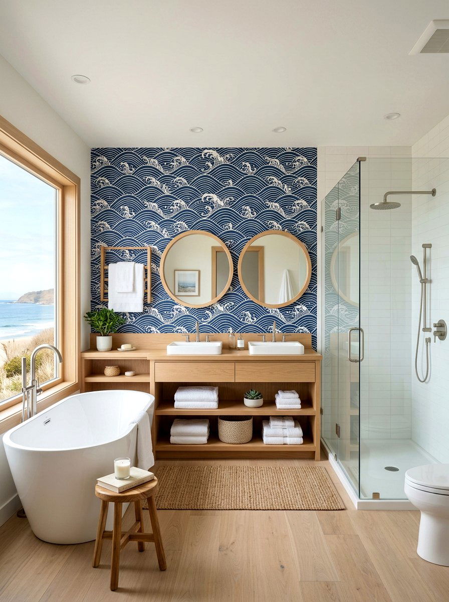 Japanese Wave Pattern Bathroom - 30 wallpaper decor ideas