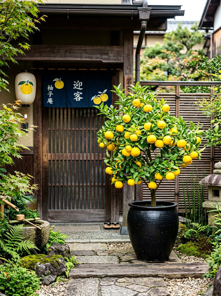 Japanese Yuzu Tree Front Door - 30 potted citrus front entry ideas