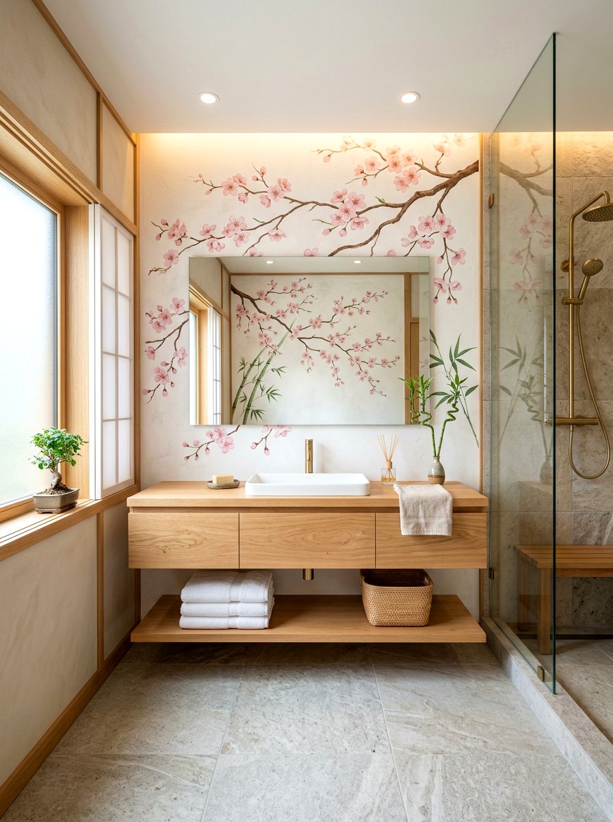 Japanese cherry blossom bathroom mural - 30 mural bathroom ideas