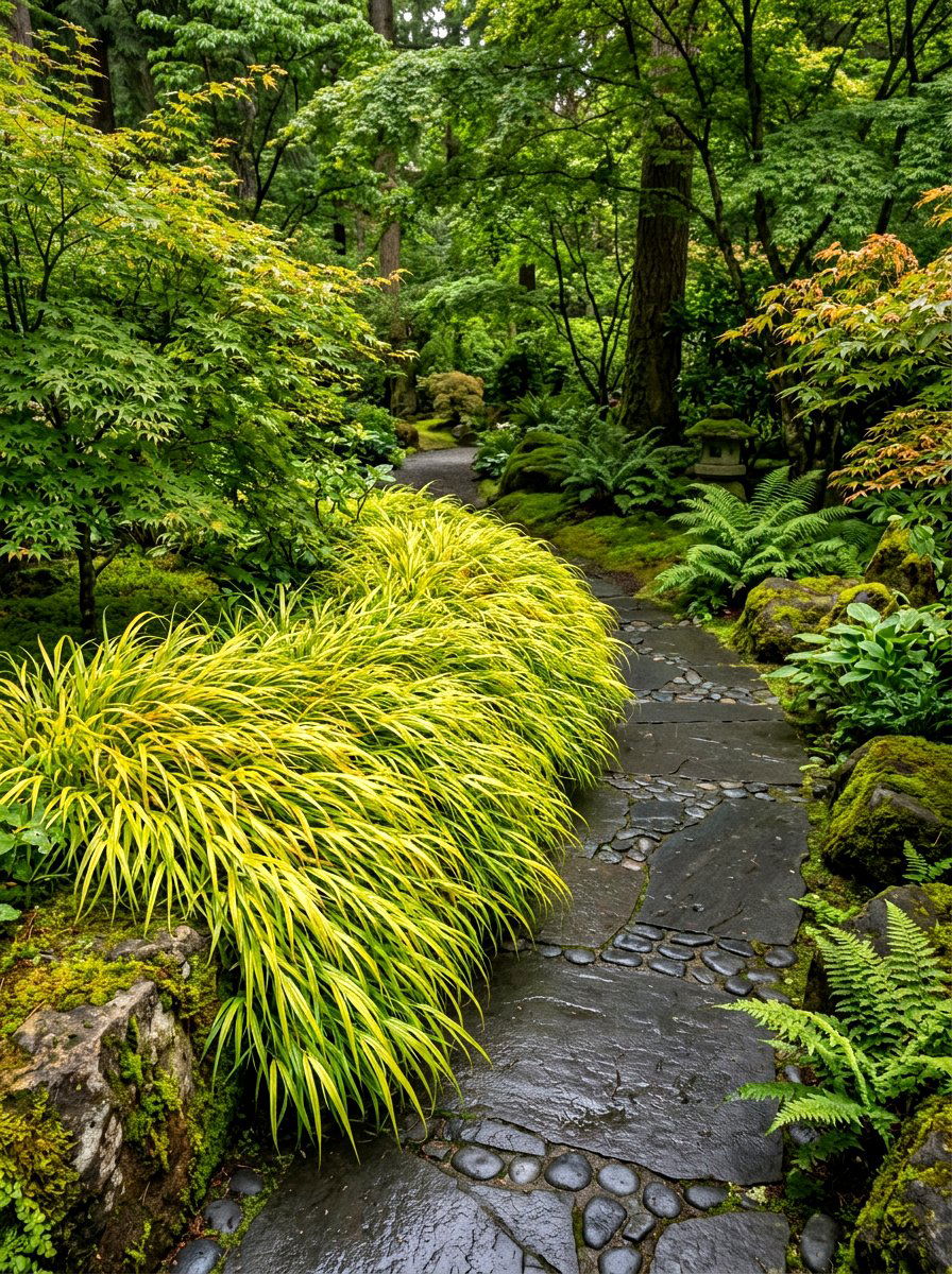 Japanese forest grass border - 30 walkway border planting ideas