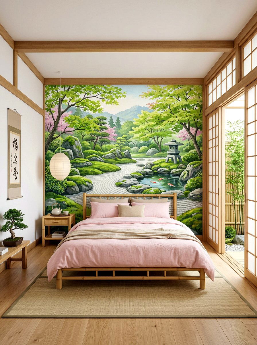 Japanese garden wall mural - 30 landscape mural bedroom ideas