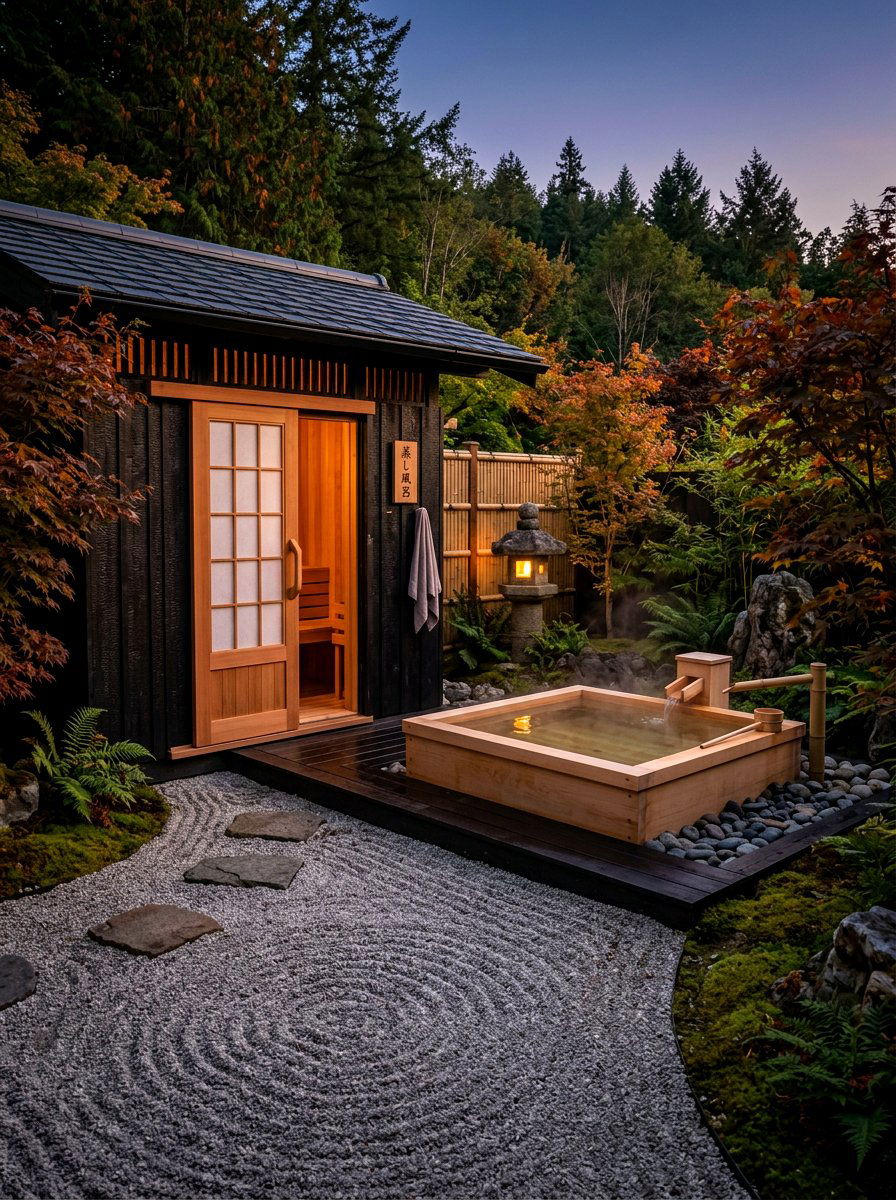 Japanese inspired soaking sauna - 30 outdoor sauna backyard ideas aesthetic