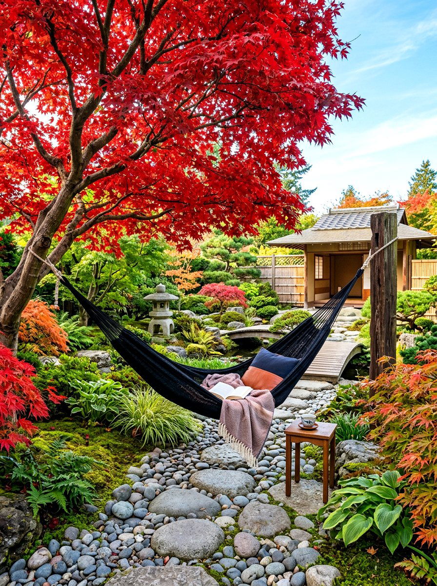Japanese maple hammock retreat - 30 hammock garden corner ideas