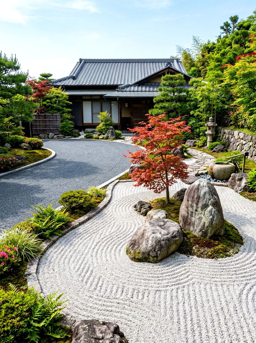 Japanese rock driveway garden - 30 driveway side garden ideas