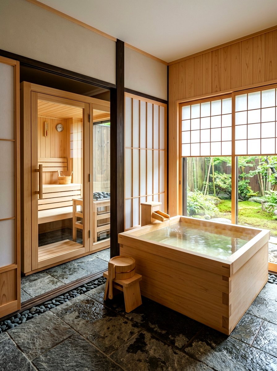 Japanese soaking tub and sauna - 30 contrast therapy room ideas
