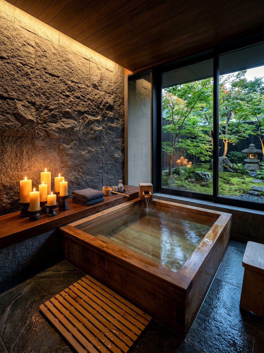 Japanese soaking tub with candle ledge - 30 candlelit bathroom ideas