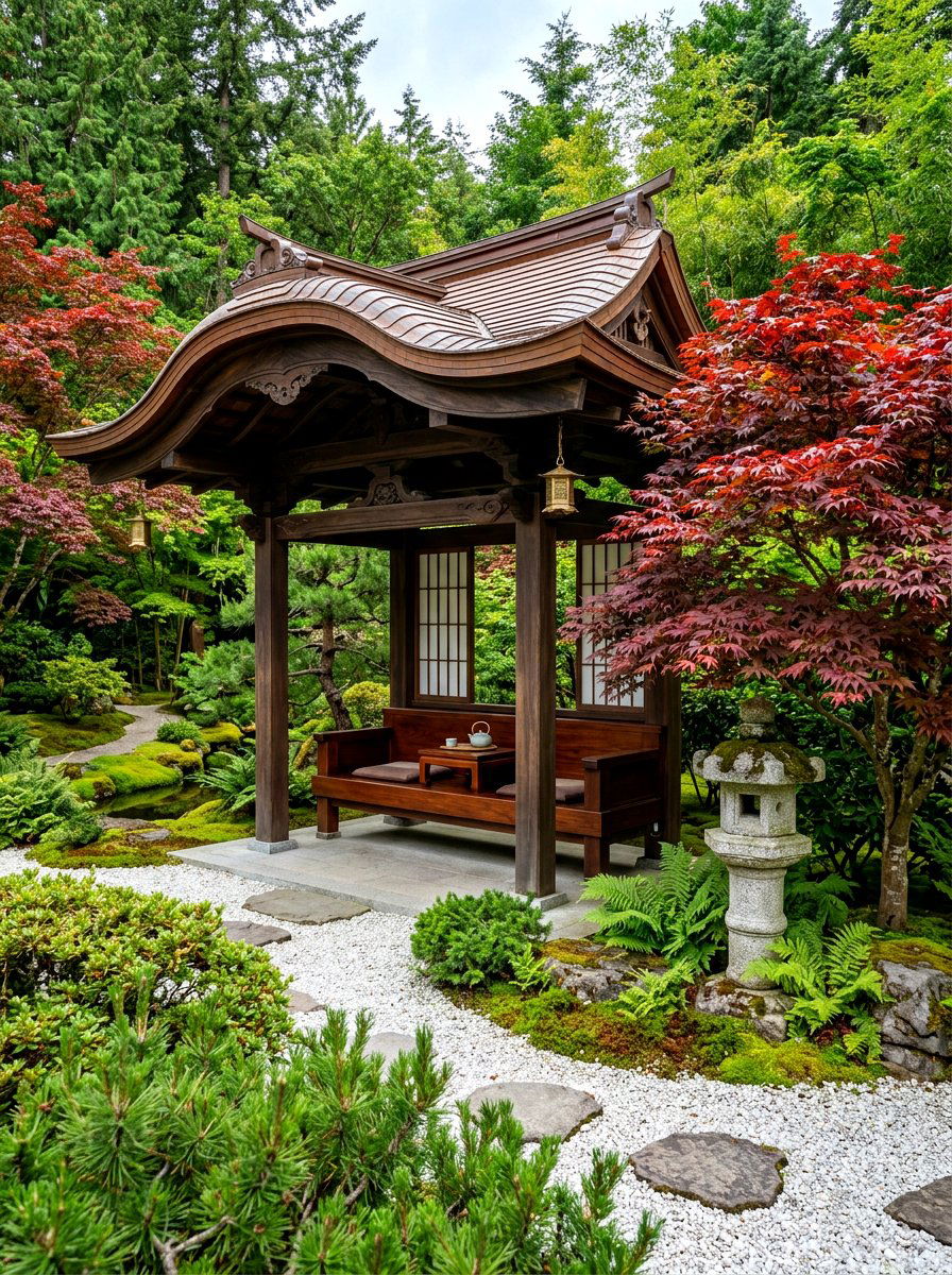 Japanese style arbor seat - 30 garden arbor seating ideas
