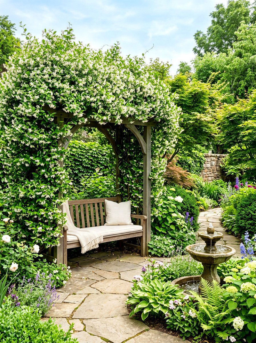 Jasmine covered arbor bench - 30 garden arbor seating ideas