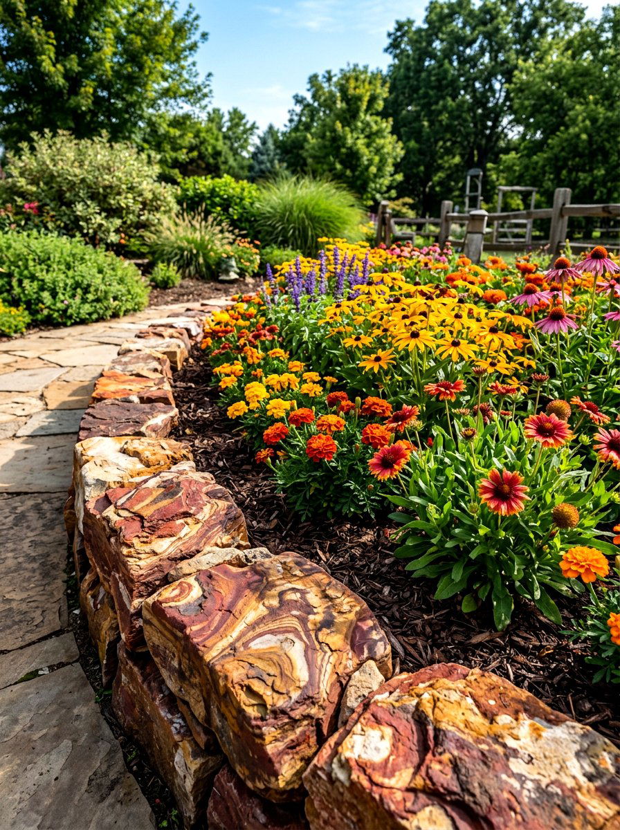 Jasper stone landscape edge - 30 stone mulch border ideas