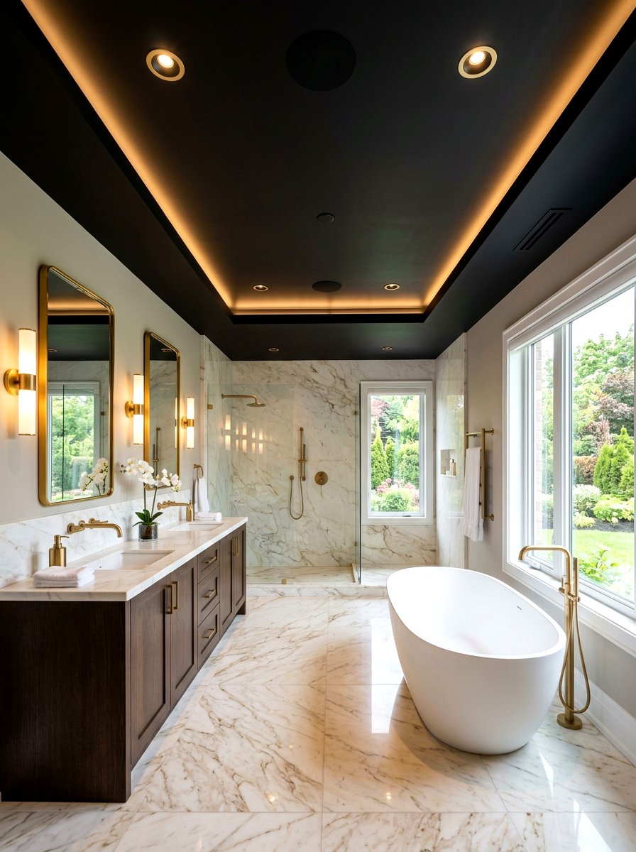 Jet black master bathroom ceiling - 30 moody ceiling paint ideas