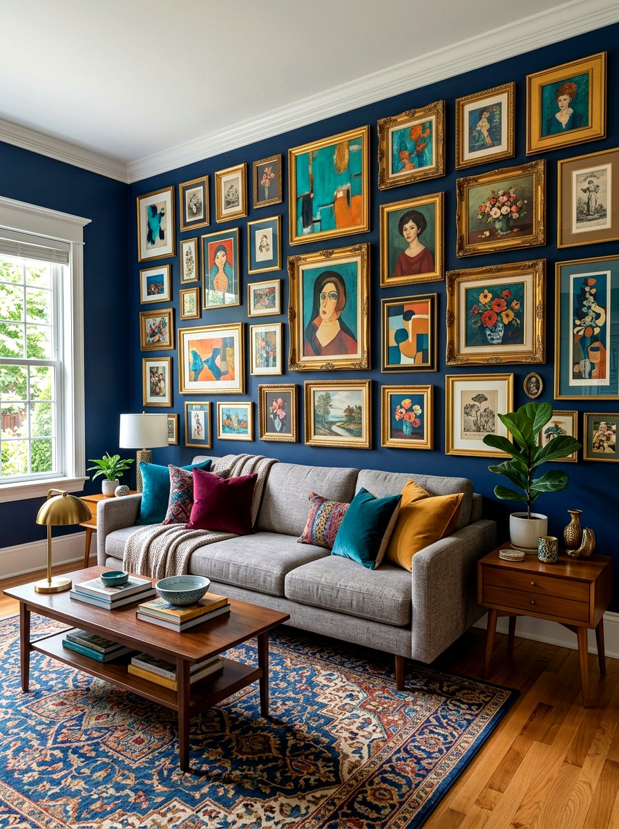 Jewel Tone Gallery Wall - 30 jewel tone living room ideas