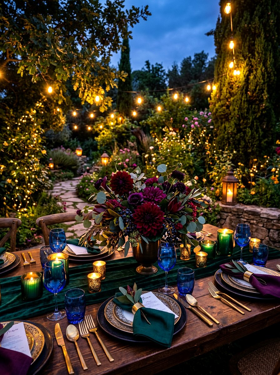 Jewel Tone Outdoor Decor - 30 garden party tablescape ideas